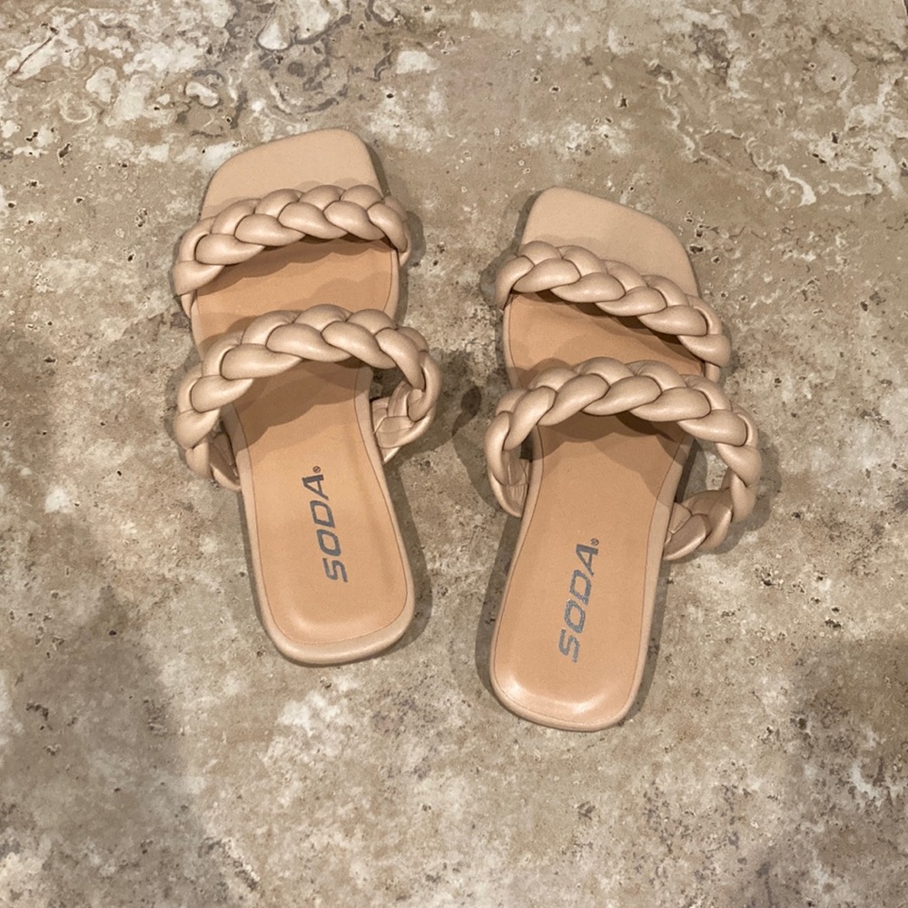 Soda flat sandals- nude/tan braided straps.